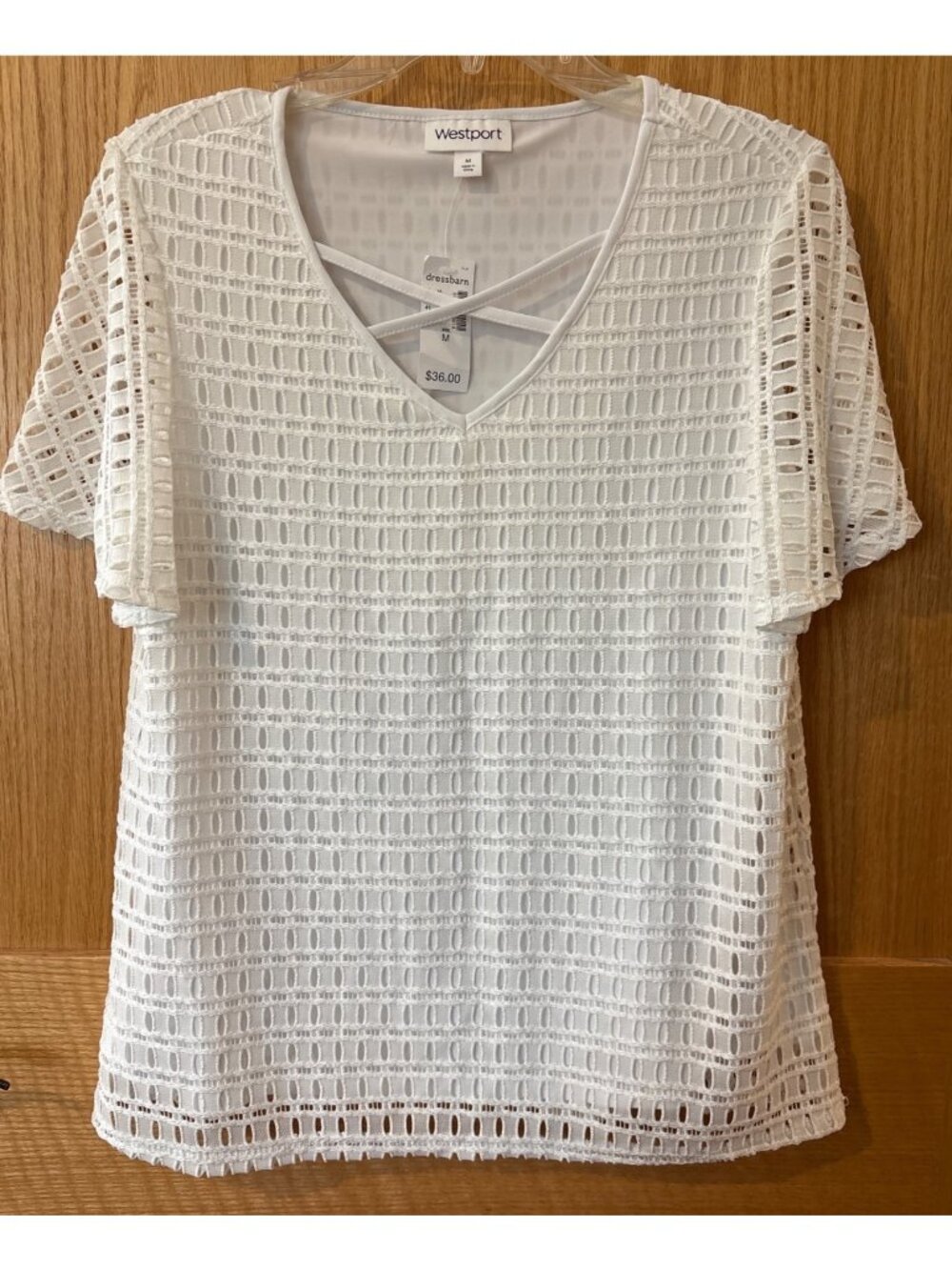 Westport Womens White Textured Short Sleeve Lined Top With Crisscross V-Neck M